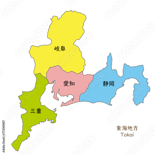 東海地方の各県の地図、アイコン、日本語の県名入り