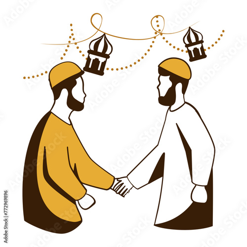Muslims Wishing and Greetings Eid Mubarak each other concept, Indians Shaking Hands on Eid Day vector design, Eid al Adha or Eid ul Kabir Symbol Hajj Sign, Muslim religious eve Stock illustration