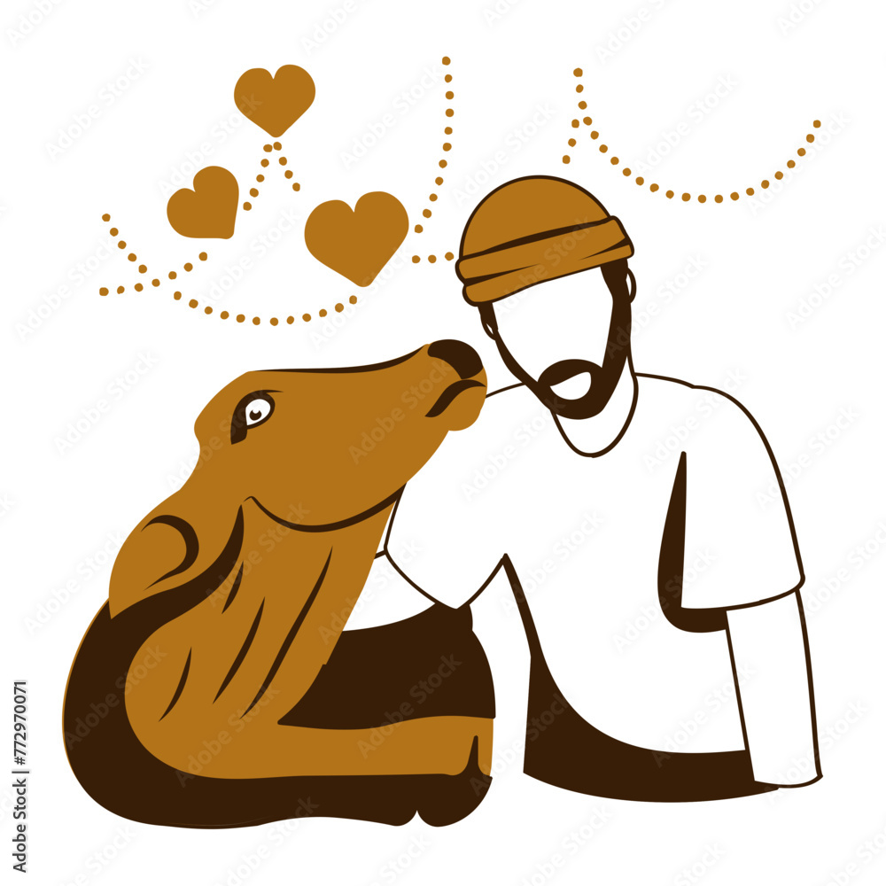 Muslim Man huddle up with Cow concept, Showing Love and Care to