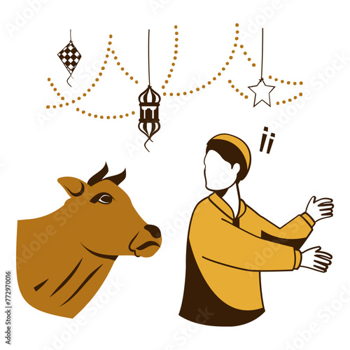 naughty boy engage in running while cow is chasing him concept, man runs away from an angry bull vector design, Eid al Adha Eid ul Kabir Symbol Hajj Sign, Muslims religious eve Stock illustration