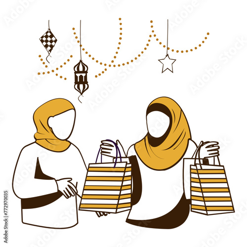 Asian Sisters Coming back Pre-Eid Shopping Concept, Muslim Females holding Shpping Bags on Chand Rat Vector Desig, Eid al Adha or Eid ul Kabir Symbol, Hajj Sign Muslims religious eve illustration photo