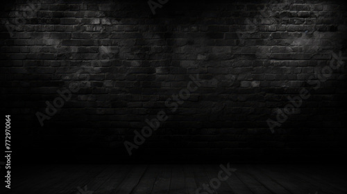 Dimly lit chamber with brick wall and wood floor © StockKing