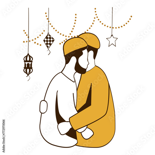 hugging each other to pass Eid greetings concept, expressing love and brotherhood vector icon design, Eid al Adha or Eid ul Kabir Symbol, Hajj Sign, Muslims religious eve Stock illustration