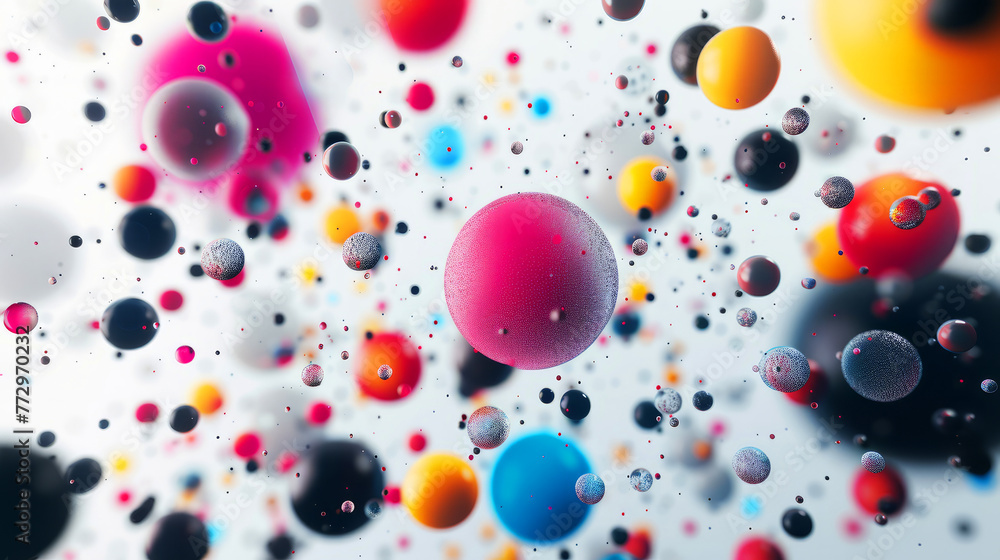 A colorful, abstract painting of many different colored spheres. the spheres seemingly bouncing off each other. The colors are bright and bold. super motion-blur movement dynamic minimalistic color