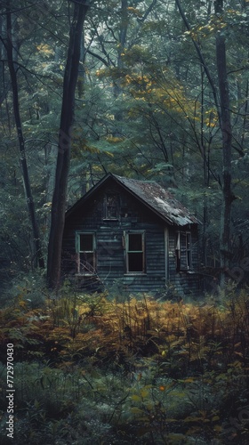 Abandoned cabin in a misty forest