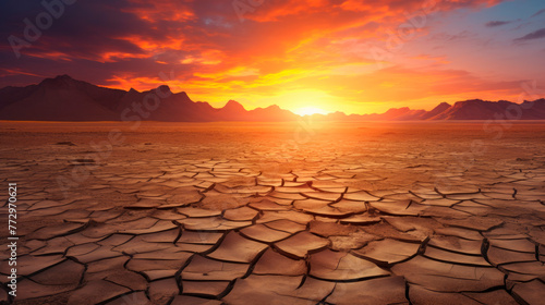 Dramatic sunset over cracked earth desert landscape