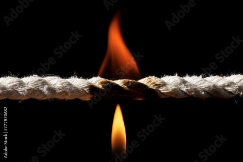 Burning frayed rope at breaking point on black background