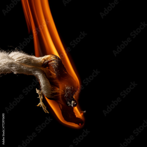 Burning rope at breaking point on black background  Risk concept