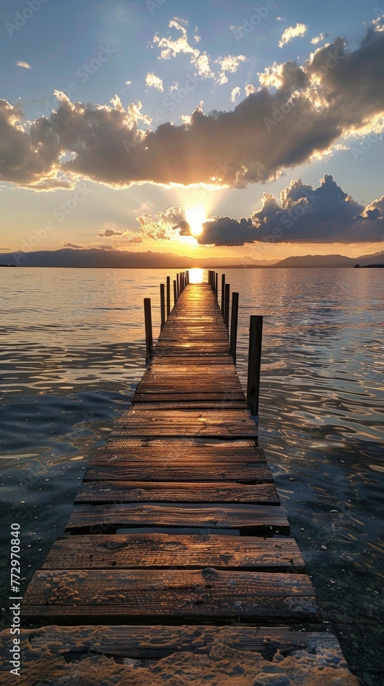 Wooden pier leading into the sunset over calm waters