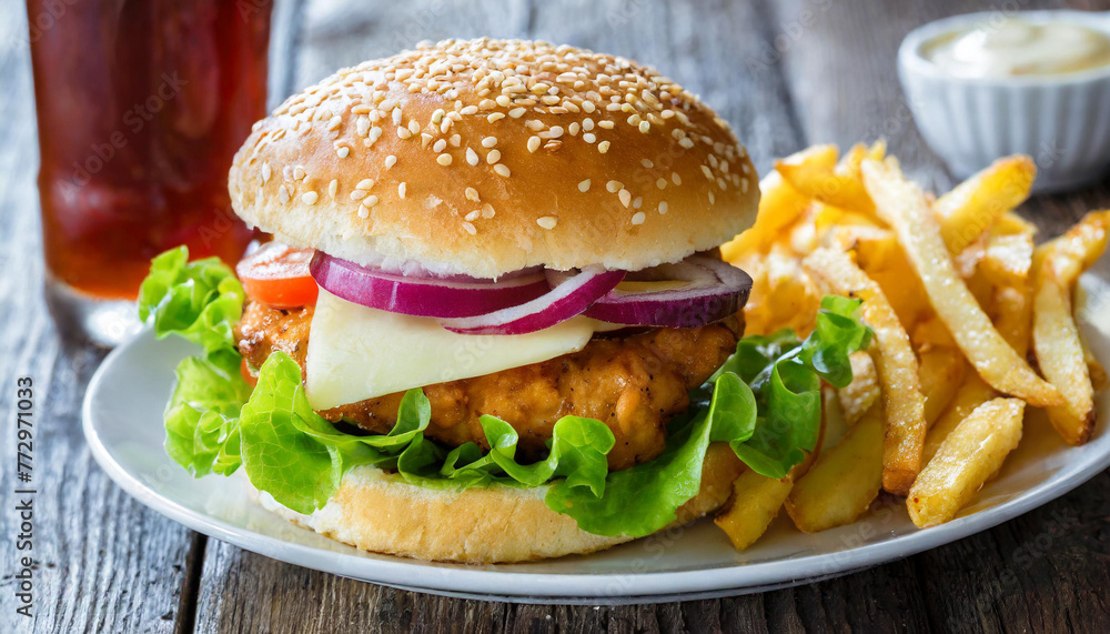 Chicken burger with fries on rustic wooden background, fast food, junk meal concept