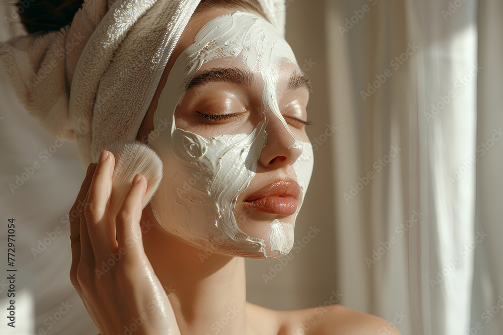 woman indulging in self-care, applying a skin mask.