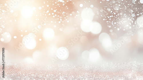 Light shining on blurry background with white silver glitter bokeh texture