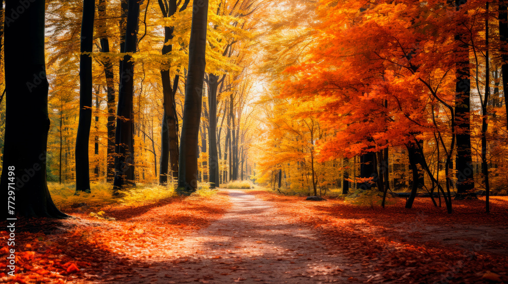 Autumn forest with dirt road and dense trees