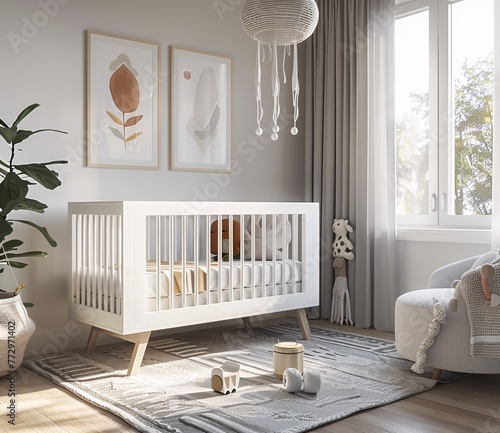 A Modern Nursery with a White Crib and Wooden Floor Generative AI