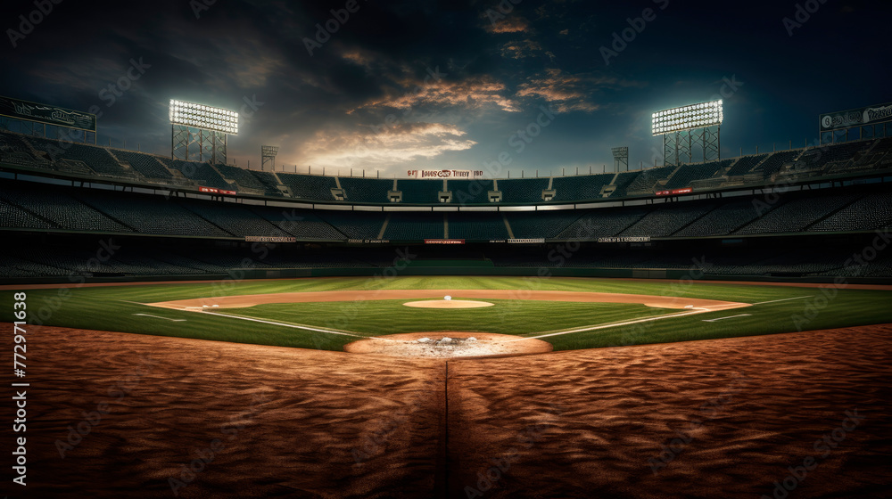 Baseball field with players on the home plate