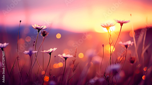 Field of flowers with the sun setting behind