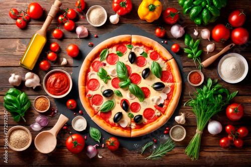 Frame of Italian pizza cooking ingredients on wooden table background.