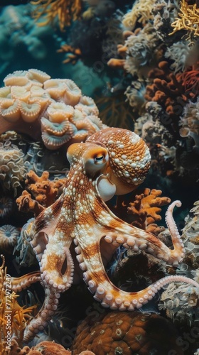 Octopus camouflaging among coral reefs