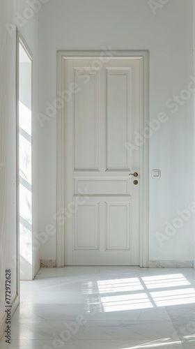 White door with sunlight casting shadows on a marble floor