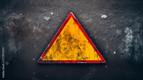 Yellow triangular sign on asphalt