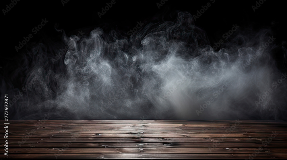 Smoke rising from a dark room's wooden floor