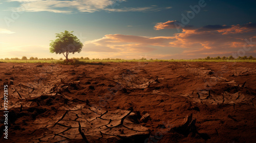 Lonely tree in parched landscape under clear skies