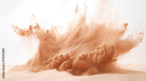 Sand exploding on white background in stop motion photo