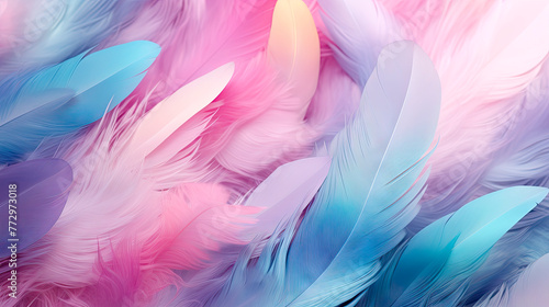 Colorful feathers arranged on white surface