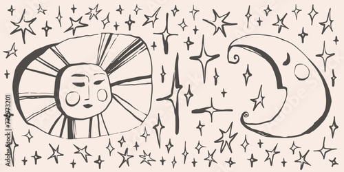 Sun, moon, stars magic background, hand drawn quirky doodle astrology banner, esoteric vector backdrop