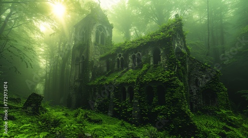 Abandoned ivy-covered building in a misty forest