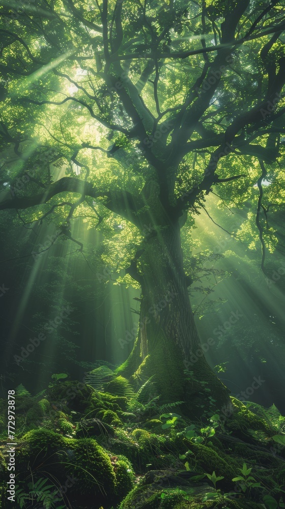 Sunbeams filtering through a lush forest