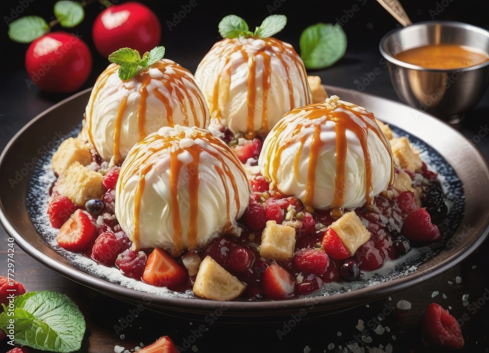 Fresh fruit elegantly adorned with luscious whipped cream, presented on a rustic wooden plate Fresh fruit elegantly adorned with luscious whipped cream, presented on a rustic wooden plate