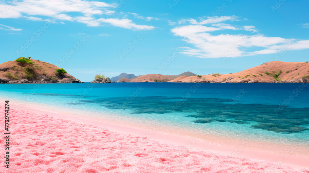 Pink beach and blue ocean paradise