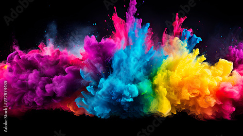 Colorful cloud of smoke on dark background photo