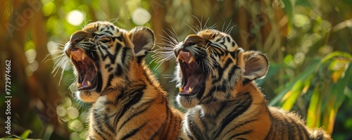 Two young tigers roaring in the jungle