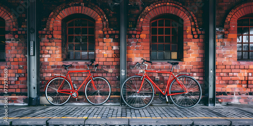 Antiga bicicleta vermelha estacionada contra uma parede de tijolos antiga photo