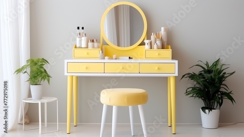 a yellow and white vanity with a round mirror