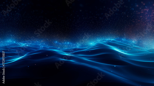 Blue particles wave in digital cyberspace