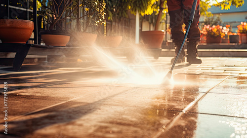 Person operating pressure washer on tiled surface