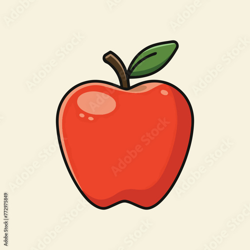  Red apple fruit green leaf vector