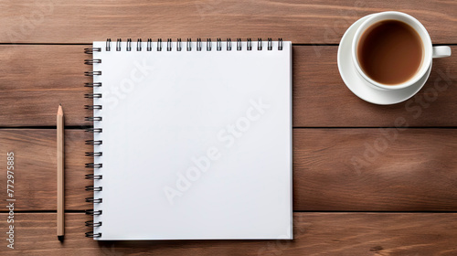 Close-up view of notepad, pencil, and coffee cup