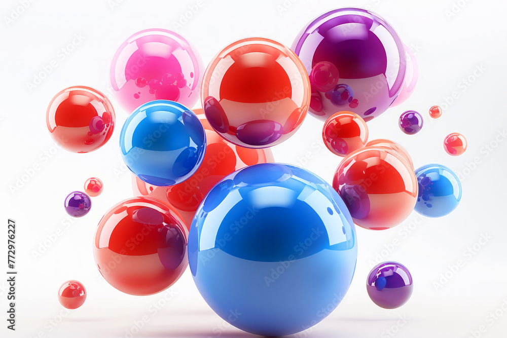 A bunch of colorful balls are floating in the air. The balls are scattered in various sizes and positions. 3d smooth shiny object bright bouncing rubber spheres on white background