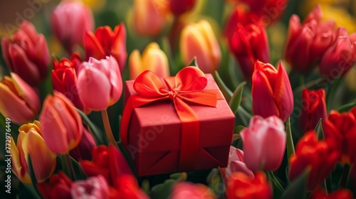 Red gift box among colorful tulips