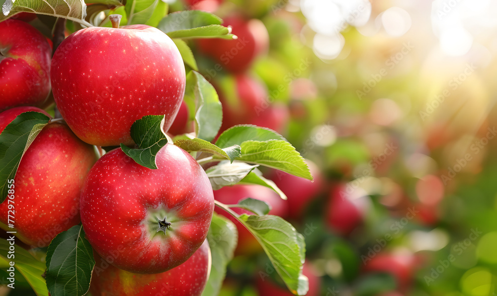 Fresh red apples on tree background, Generative AI Fresh red apples on tree background, Generative AI