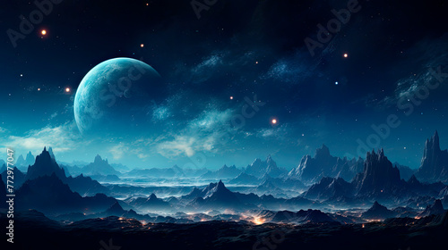 Planet with Peaks and Stars in Space