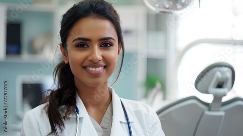 female doctor facing the camera with a smile, Indian 