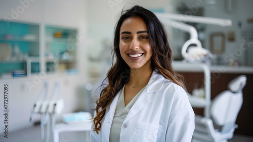 female doctor facing the camera with a smile, Indian 