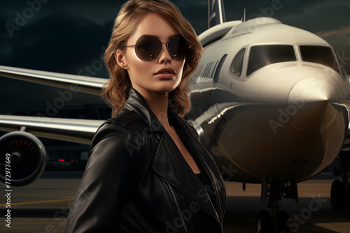 a woman in sunglasses standing in front of a plane