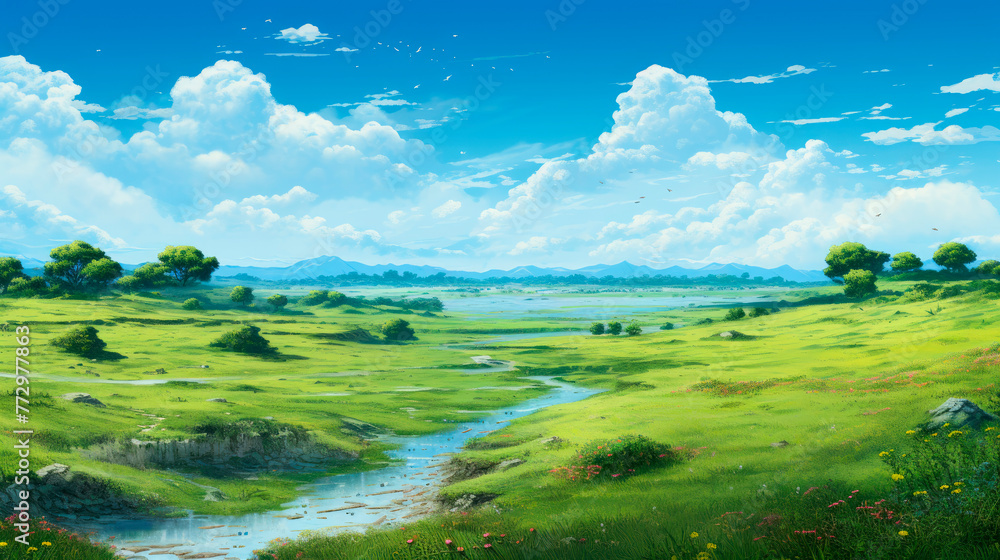 Tranquil stream flowing through vibrant green meadow Tranquil stream flowing through vibrant green meadow