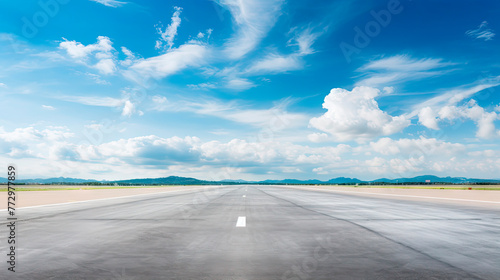 Empty runway with mountain view under clear sky photo